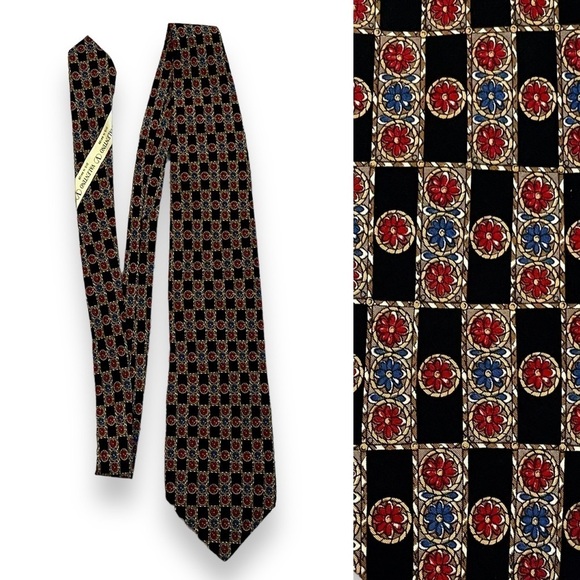 Valentino 100% Silk Tie Checker Board Floral Handmade in Italy Luxury Designer - Picture 1 of 9